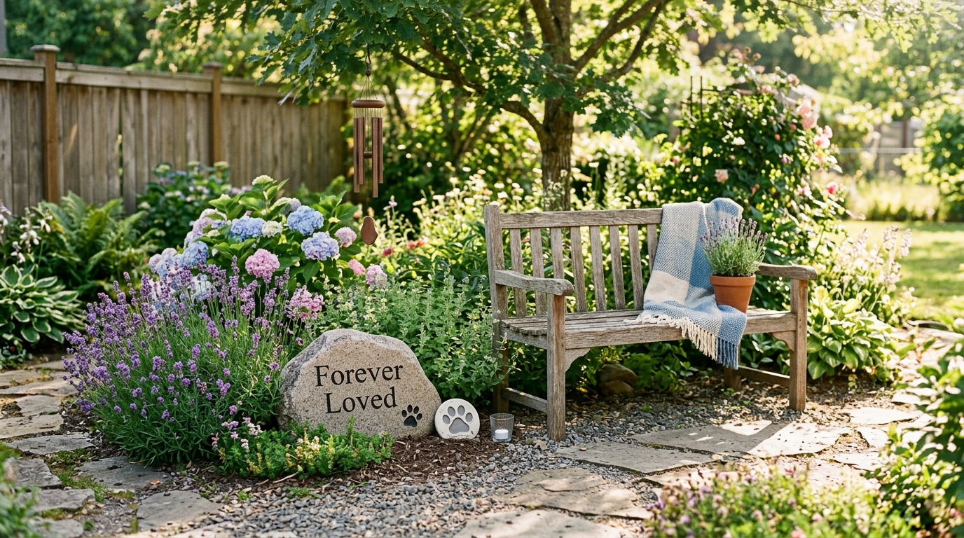 Pet Memorial Garden with Engraved Stone and Bench