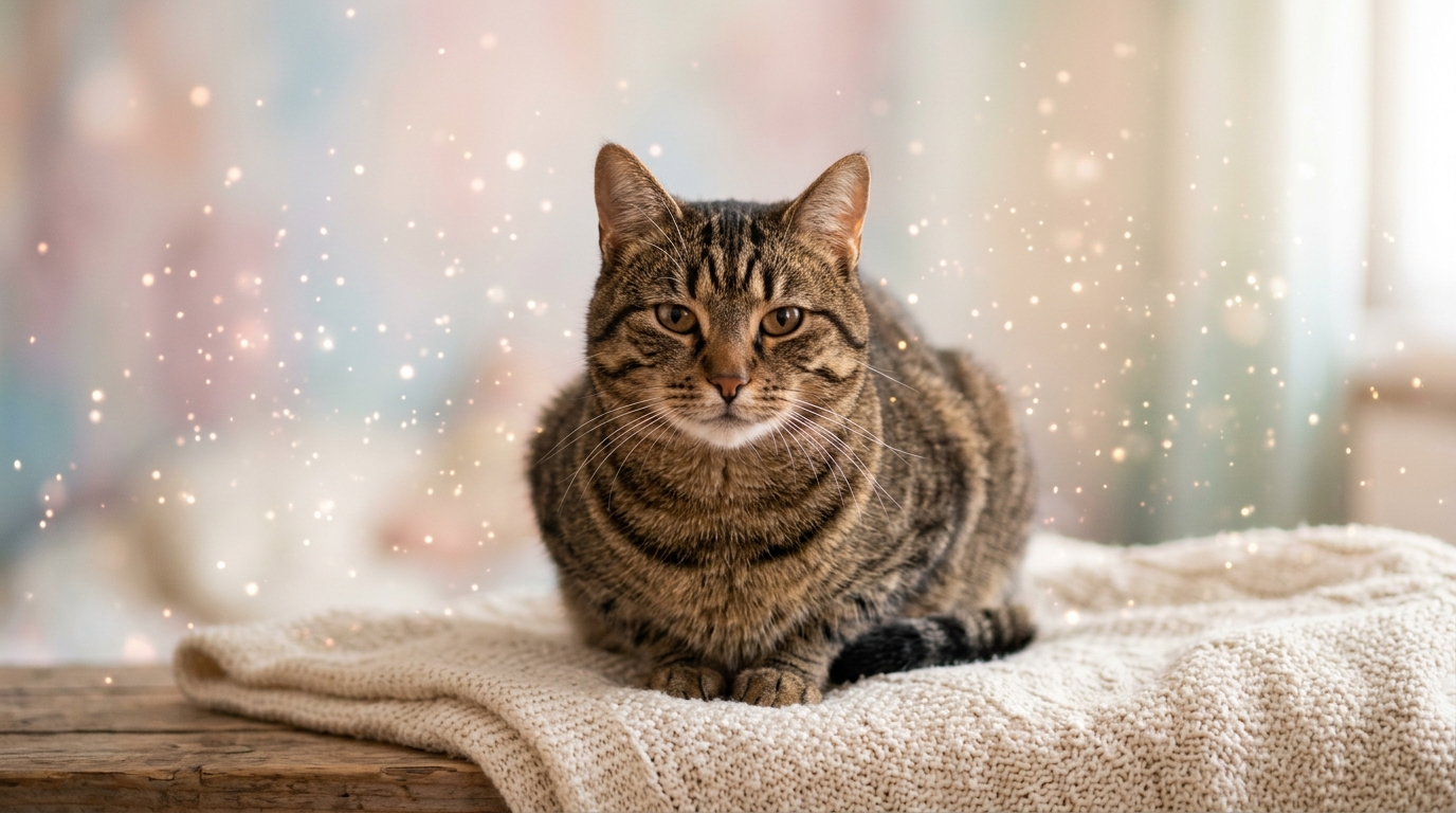 Realistic cat with dreamlike glowing light particles background