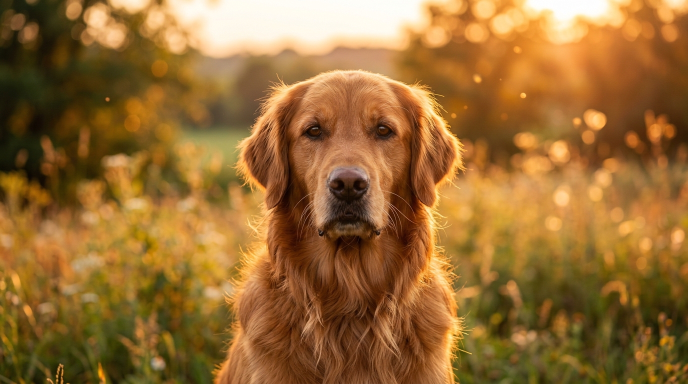 Golden retriever dog in warm sunset golden hour bokeh background