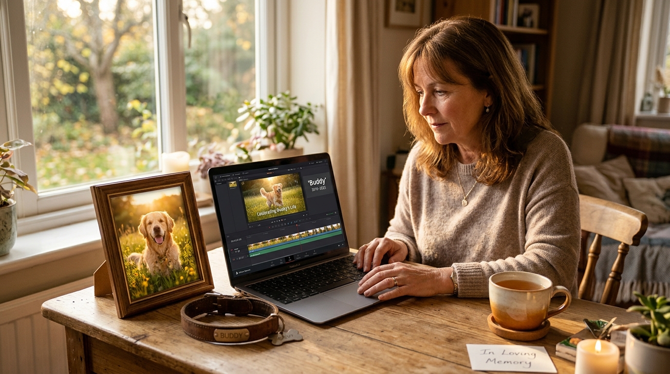 A heartfelt dog memorial slideshow being created on a laptop with candles and cherished memories