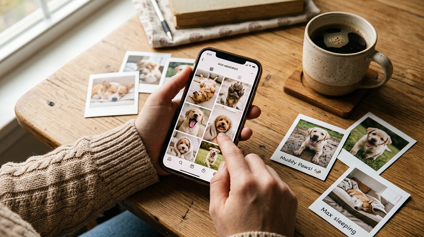 Curating and organizing candid dog photos on a smartphone for a memorial tribute