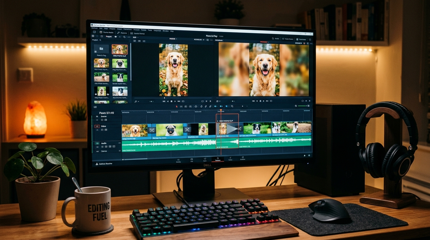 Editing a dog memorial slideshow timeline with audio waveforms and blurred background mirroring