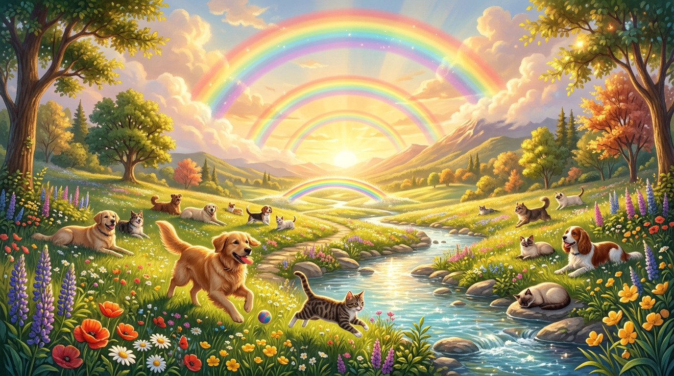 Dogs and cats running in grass with rainbow bridge background