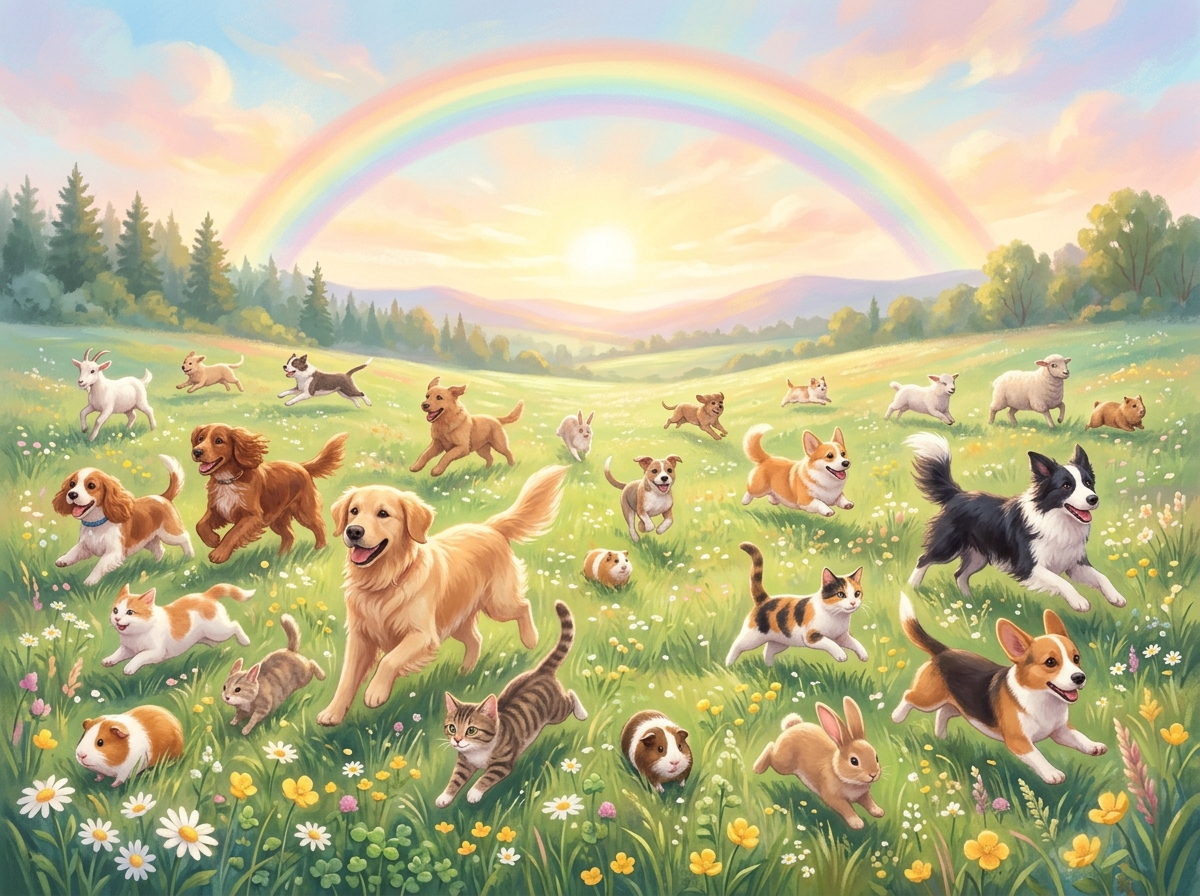 Dogs and cats running forward on grass with rainbow bridge in background